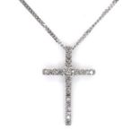 A 9ct white gold and diamond cross pendant, 1.8cm, total diamond weight approximately 0.25ct, on a