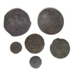 A small collection of 17th century coins and tokens, including a Charles I Half crown, 15g, a/f, a