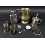 A group of 20th century silver items, comprising a hip flask with removable cup, Walker & Hall,
