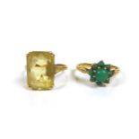 Two 9ct gold rings, comprising a dress ring with an emerald cut citrine style stone, 10 by 14mm,