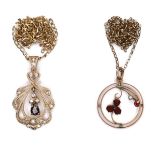 Two 9ct yellow gold pendant necklaces, one of circular form, circa 1950, set with four garnets and a