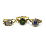 A group of three 18ct gold dress rings, comprising an 18ct gold sapphire and diamond cluster ring,