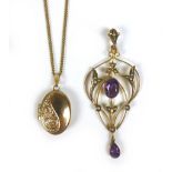 A 9ct gold amethyst and seed pearl brooch, 2.5 by 6cm, 2.4g, together with a 9ct gold locket,
