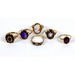 A group of five 9ct gold rings, including one set with a cameo, 19mm high, size T, two set with oval