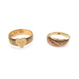 A Victorian 18ct yellow gold ring, set with a gold heart, engraved 'MW', on an engraved floral band,