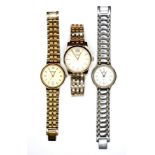 A group of three modern stainless steel and gold plated gentleman's wristwatches, all with
