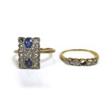 An Art Deco diamond and sapphire cluster ring, with eleven round cut diamonds (one missing), each