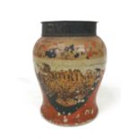 A Victorian painted pottery tobacco jar, with a tin lid, the body decorated in gilt over red paint