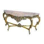 A 19th century style marble topped console table, with gilt wood base, 142 by 45 by 80cm high.