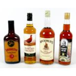 A group of alcohol, comprising a bottle of Mackinlays Finest Old Scotch Whisky, a bottle of The