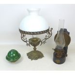 A J. Hinks & Son wall mounting paraffin lamp, with glass chimney, together with a table top paraffin