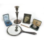 A group of mixed collectables, including a Mappin & Webb candlestick, 18cm high, a silver