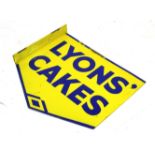 An early 20th century Lyons Cakes enamel advertising sign, double sided with hanging bracket,