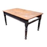 A Victorian pine painted kitchen table, a/f missing drawer, with black painted base and turned legs,