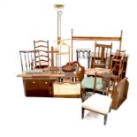 A large group of mixed furniture, including chairs, towel rail, valet stand, small cupboard, mirror,