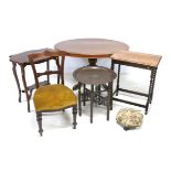 A group of assorted furniture, comprising an oval oak drop leaf table, hexagonal footstool,