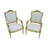 A 19th century style giltwood framed armchairs, with upholstered back, armrests and seat, 63 by 60