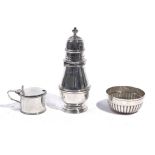 A LATE VICTORIAN SILVER SUGAR CASTER AND TWO FURTHER ITEMS (3)