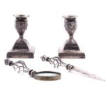 A PAIR OF VICTORIAN SILVER DWARF CANDLESTICKS AND TWO FURTHER ITEMS (3)