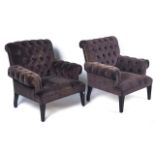 LIBRA DISTINCTIVE INTERIORS; A PAIR OF GREY UPHOLSTERED BUTTON-BACK EASY ARMCHAIRS (2)