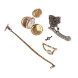 A GOLD CASED, KEY WIND, OPENFACED FOB WATCH, WITH A KEY AND FIVE FURTHER ITEMS (6)