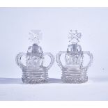 TWO SMALL CUT GLASS OPENWORK CROWN SCENT BOTTLES AND STOPPERS