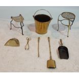 METALWARE TO INCLUDE A BUCKET, TWO TRIVET STANDS, AND FIRE TOOLS