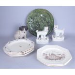 A PAIR OF STAFFORDSHIRE DOGS, A MAJOLICA PLATE, THREE TERRACOTTA FRUITS AND SEVEN CREAMWARE...