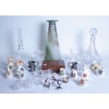 CERAMIC AND GLASS INCLUDING A MODERN FROSTED GLASS VASE, CUT GLASS DECANTERS (QTY)