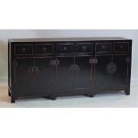 A MODERN CHINESE BLACK LACQUERED HARDWOOD SIDEBOARD