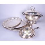 MAPPIN & WEBB, A GROUP OF THREE SILVER PLATED TRAYS, A SOUP TUREEN, CASED FLATWARE, CASED...