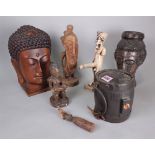 TRIBAL INTERESTS INCLUDING A GROUP OF FOUR HARDWOOD CARVED FIGURES, A RESIN FIGURE (QTY)