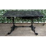 A BLACK PAINTED CAST ALUMINIUM RECTANGULAR GARDEN TABLE