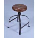 A MODERN METAL AND HARDWOOD HEIGHT ADJUSTABLE WORK STOOL