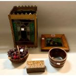 A STAINED GLASS LANTERN, A BURR WOOD SMALL PAIL, A PAINTED GLASS PICTURE, MARQUETRY BOX AND...