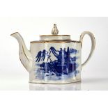 A NEW HALL BLUE AND WHITE SILVER-SHAPED TEAPOT, COVER AND STAND
