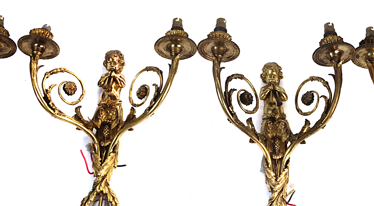 A SET OF FOUR LOUIS XVI STYLE GILT-METAL TWIN LIGHT WALL APPLIQUÉS (4) - Image 4 of 4