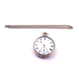 AN 18CT GOLD CASED, KEYLESS WIND OPENFACED POCKET WATCH AND A GILT METAL CHAIN (2)
