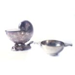 A SILVER TWIN HANDLED QUAICH AND A PLATED SPOON WARMER (2)
