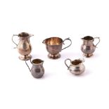 FIVE MOSTLY SILVER AND FOREIGN CREAM JUGS (5)