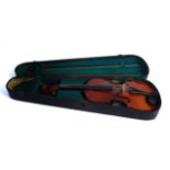 A VIOLIN AND TWO BOWS WITH EBONISED HARD CASE