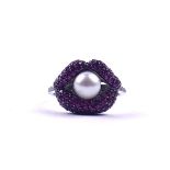 A CULTURED PEARL, DIAMOND AND PINK SAPPHIRE RING