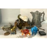 COLLECTABLES, INCLUDING, LARGE PEWTER JUG, SMALL BRONZE OF A HORSE AND JOCKEY, ELEPHANT MODELS...