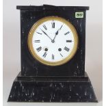 A 19TH CENTURY BLACK SLATE CASED 8-DAY MANTEL CLOCK WITH ENAMEL DIAL DETAILED “REID AND SONS”