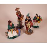 A GROUP OF FOUR ROYAL DOULTON FIGURES, ‘BALOON SELLER’ , ‘THE JESTER’ ‘PIED PIPER’ AND ‘SILKS...