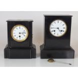 TWO 19TH CENTURY BLACK SLATE CASED MANTEL CLOCKS, ONE WITH AN 8 DAY MOVMENT (2)