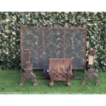 A PAIR OF IRON FIRE DOGS AND BASKET GRATE; A SMALL GOTHIC STYLE FIRE GRATE, A STEEL AND MESH...