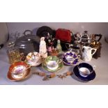 A QUANTITY OF COLLECTABLES INCLUDING SILVER PLATED TEA POTS, CASED FLATWARE, AYNSLEY CUPS AND...