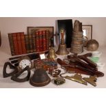 COLLECTABLES INCLUDING, TWO HAND BELLS, BRASS ALARM CLOCK, FAUX BOOK DISPLAY, MAHOGANY COAT...