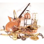 METALWARE COLLECTABLES INCLUDING COPPER FIRE BUCKET, TRIVETS, HORSE HAIMES, WARMING PAN AND...